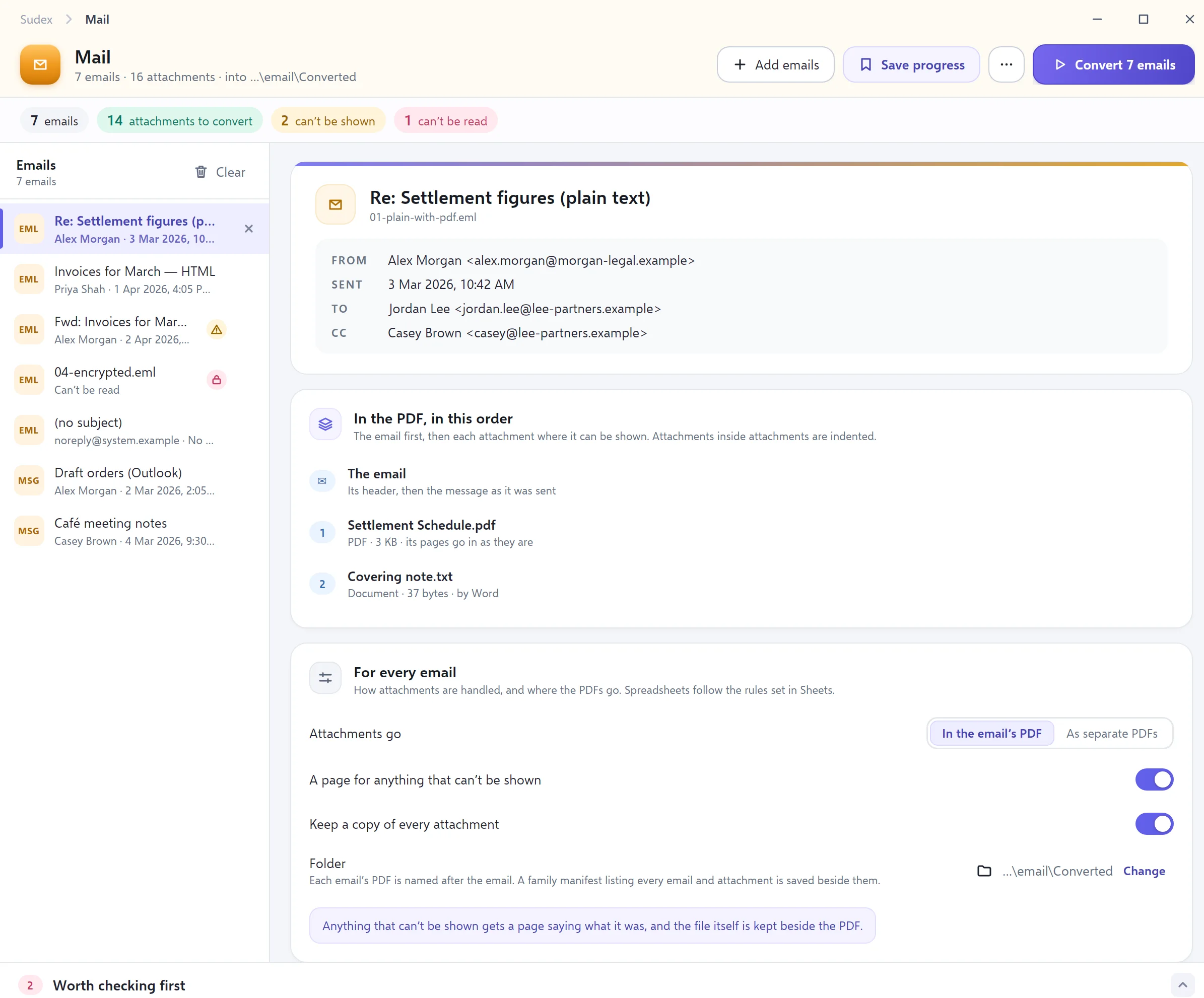 The Mail screen: an email with its header, and the order its attachments will appear in.